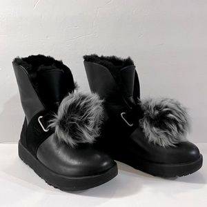 UGG Isley Black Waterproof Leather Pom Pom Boots, Size 6